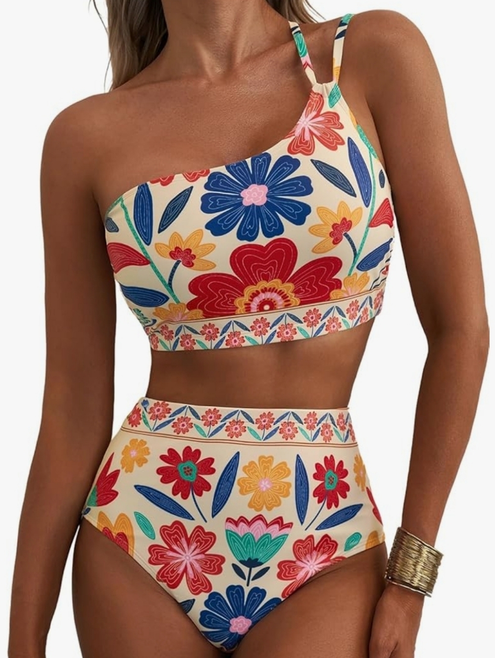 Floral One-Shoulder High-Waist Bikini — Cream Multi